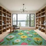 Teal Daisy Sunflower Tulip Floral Area Rug