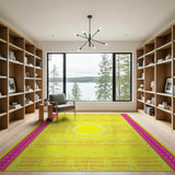 Vibrant Yellow Sunburst Rug with Pink Geometric Borders