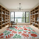 Red Green Floral Leaf Pattern Area Rug