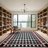 Bold Black White Grid Area Rug with Red Border
