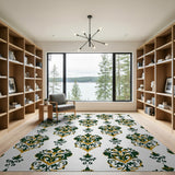 Ornate Emerald Green Gold Damask Area Rug