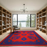 Red Persian Area Rug with Blue Floral Motifs