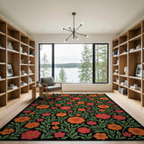 Fiery Orange Floral Area Rug on Black