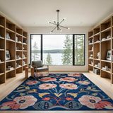 Pink Poppy Floral Navy Area Rug