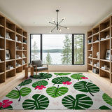 Lush Monstera Leaf Pink Hibiscus Area Rug