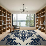 Blue and Teal Navy Blue Ornate Floral Damask Rug