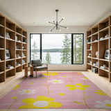 Vibrant Pink Daisy Yellow Flower Area Rug