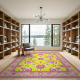 Vibrant Yellow Field Pink Floral Persian Rug