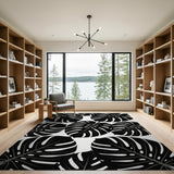 Bold Monstera Leaf Area Rug Black White