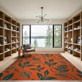 Vibrant Orange Leaf and Fern Pattern Area Rug