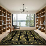 Black Area Rug with Golden Greek Key Design