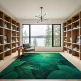 Washable Modern Emerald Green Tropical Botanical Low Pile Area Rug