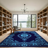 Navy Ornate Cyan Floral Medallion Rug