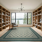 Teal Geometric Motif Area Rug with Greek Key Border