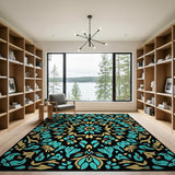 Intricate Teal Gold Floral Area Rug