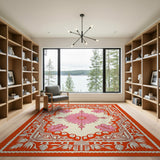 Vibrant Orange Border Pink Floral Medallion Rug