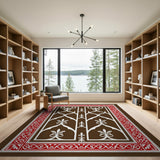 Ornate Fleur-de-Lis Lattice Brown Area Rug with Red Border