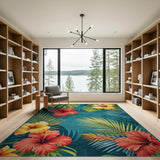 Teal Hibiscus Bloom Tropical Leaf Area Rug