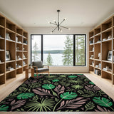 Boho Monstera Leaf Area Rug - Green Pink on Black