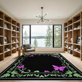 Pink Butterfly Green Vine Floral Border Rug