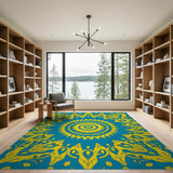 Teal Blue Mandala Persian Area Rug with Golden Flourishes