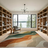 Washable Abstract Wavy Area Rug - Green & Earth Tones, Non-Slip Low Pile