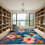 Blue Teal Hibiscus Washable Area Rug