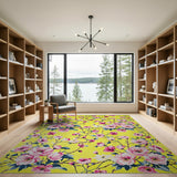 Sunny Yellow Pink Magnolia Floral Area Rug