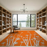 White Dandelion Silhouettes on Vibrant Orange Area Rug