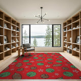 Festive Red Holiday Ornament and Leaf Pattern Area Rug