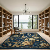Navy Peony and Songbirds Floral Area Rug