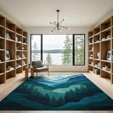 Teal Blue Mountain Valley Landscape Rug