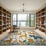 Whimsical Safari Kids Rug with Giraffes Tigers Elephants