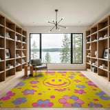Playful Pixel Smiley Flower Yellow Area Rug