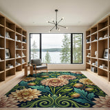 Vintage Dahlia Floral Area Rug in Teal