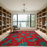 Vibrant Teal Leaves on Red Area Rug