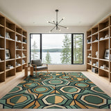 Teal Orange Geometric Hexagon Area Rug