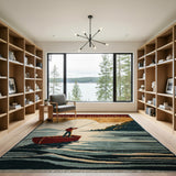 Tranquil Fisherman Sunrise Lake Scene Rug