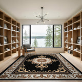 Beige and Neutral Ornate Black Medallion Persian Area Rug
