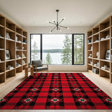 Festive Red Plaid Rug with Tribal Motifs