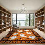 ODIKA Washable Halloween Area Rug - Spooky Ghost, Bat & Pumpkin Non-Slip Low Pile Carpet