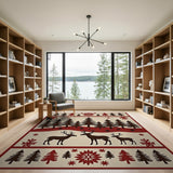 Festive Red Woodland Deer Pine Tree Rug