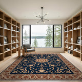 Blue and Teal Navy Blue Persian Medallion Area Rug with Gold Florals