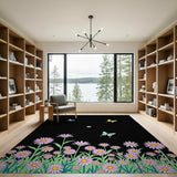 Vibrant Pink Daisy Meadow with Butterflies Rug