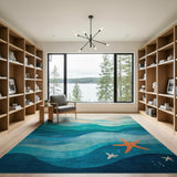 Teal Blue Layered Ocean Waves Starfish Area Rug