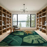 Lush Green Monstera Leaf Area Rug with Orange Palms