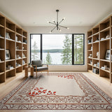 Ornate Beige Rug with Red Floral Border