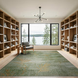 Green Gold Fern Leaf Distressed Vintage Area Rug