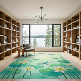 Teal Lotus Blooms and Dragonfly Area Rug