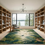 Lush Green Jungle Leaves and Birds Area Rug